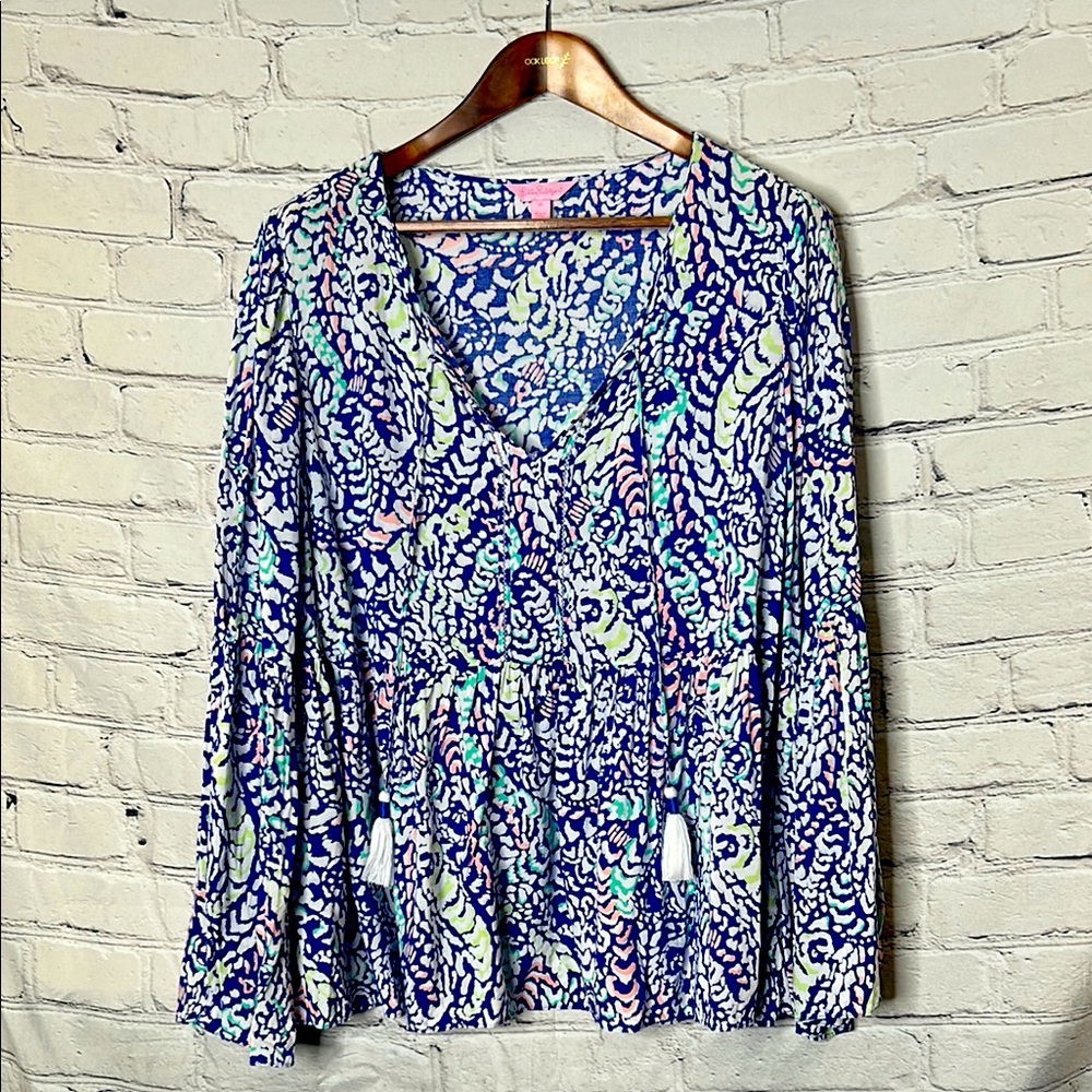 Lilly Pulitzer Blue White Tassel Tie Peplum Long Sleeve Ruffle Top Size X-Large